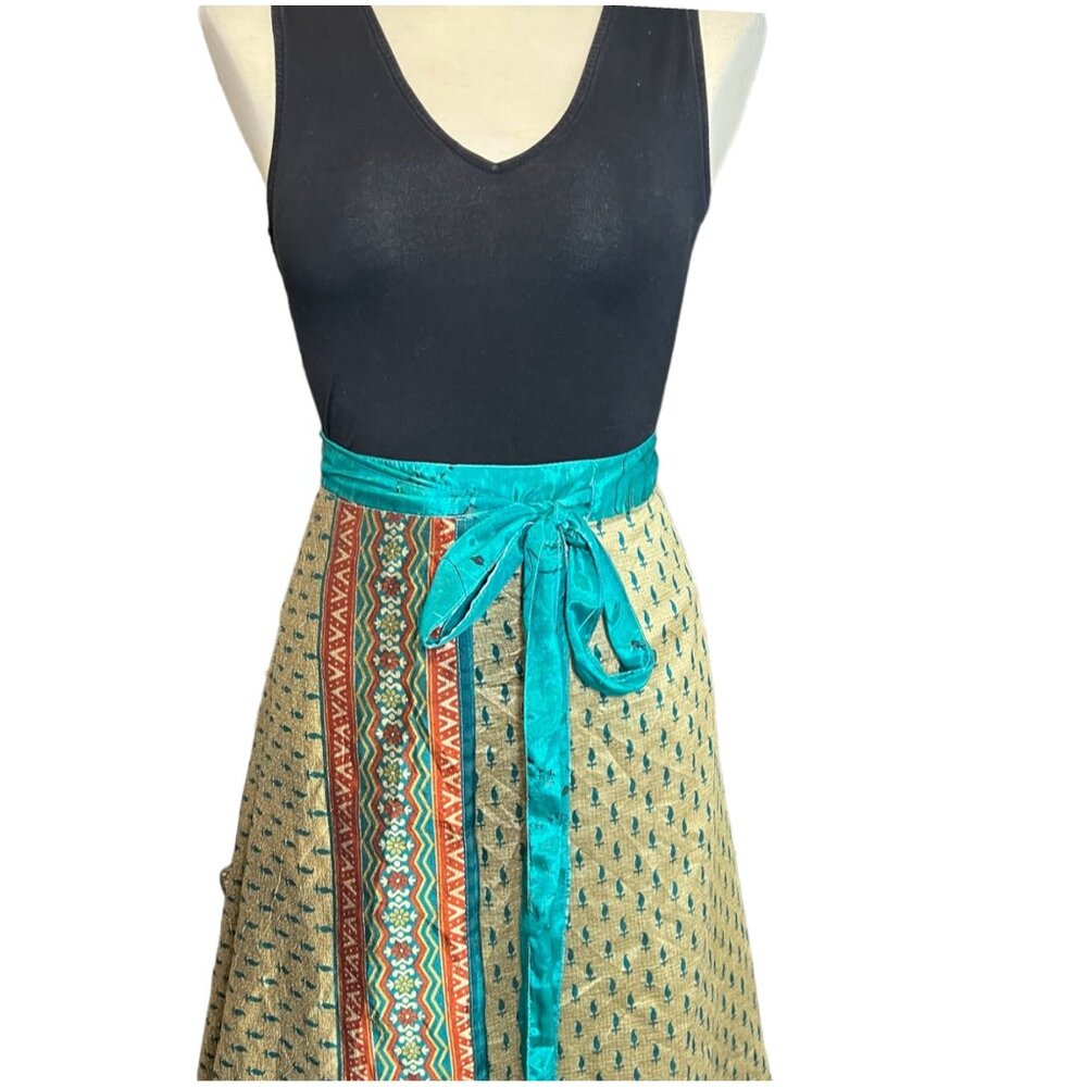 Wevez Wrap Skirt One Size Silk Blend Gold Teal Maroon Boho Womens Tie Waist Midi - Picture 7 of 10